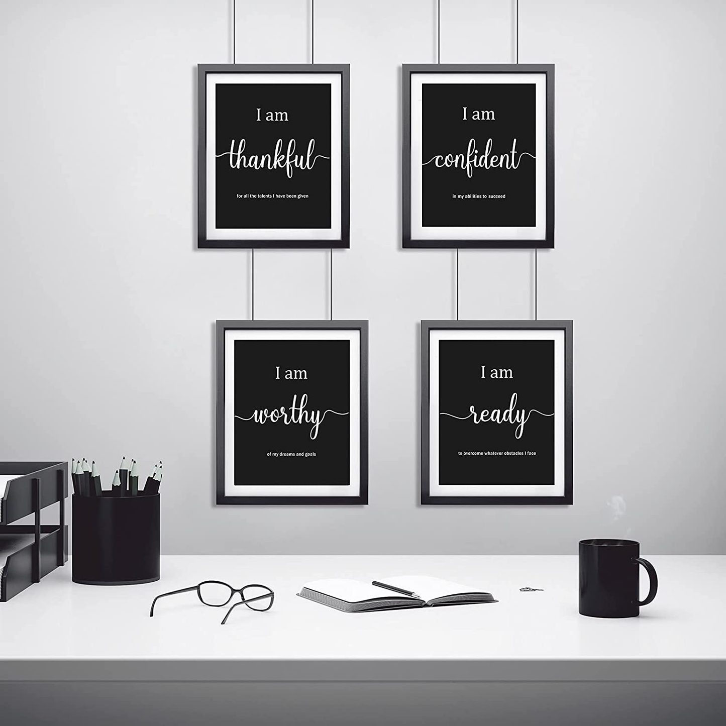 9 Pieces Inspirational Motivational Wall Art Office Bedroom Wall Art, Daily Positive Affirmations for Men Women Kids Inspirational Posters Inspirational Positive Quotes Sayings Wall Decor (White)