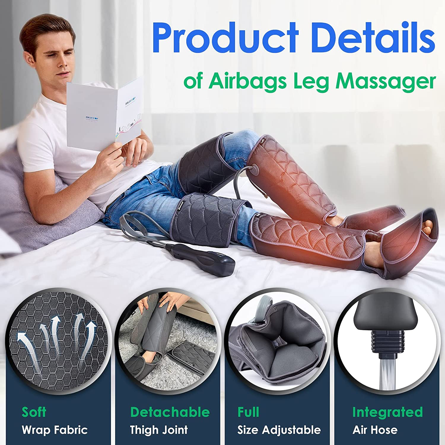 Leg Massager for Circulation & Relaxation, Air Compression Calf Feet Thigh Massage, Muscle Pain Relief, Adjustable Wraps for Most Size with 4 Modes 4 Intensities 2 Heat