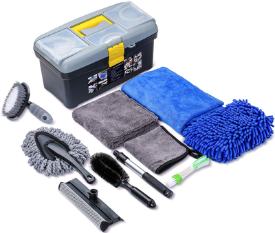 AUTODECO 10pcs Car Cleaning Tools Kit, Detailing Interiors Premium Microfiber Cleaning Cloth - Car Wash Mitt - Tire Brush - Window Water Blade with Storage Box