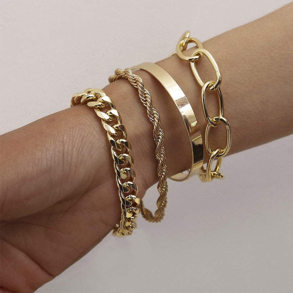 IFKM Gold Bracelets for Women, 14K Gold Plated Dainty Layered Chain Bracelets Adjustable Cute Charm Bangle Link Bracelet Set