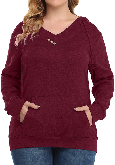 Fulbelle Women V Neck Puls Size Long Sleeve Kangaroo Pocket Thin Hoodie XL-4XL