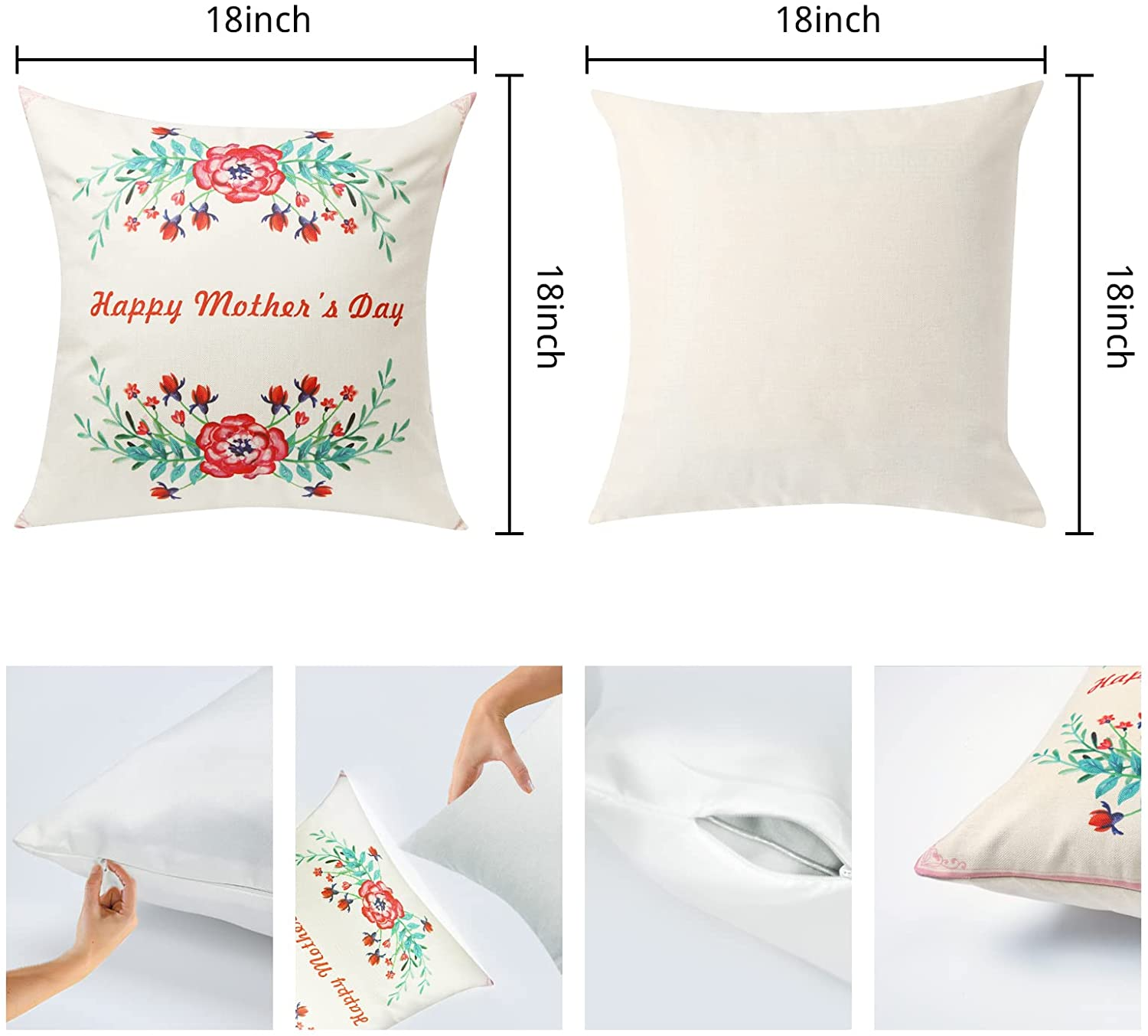 Mothers Day Throw Pillow Cover, 18*18’’, Flowers Leaves Throw Pillow Case Cusion Cover, Pillowcase Gift for Mom Grandma and Women Friend Home Decoration