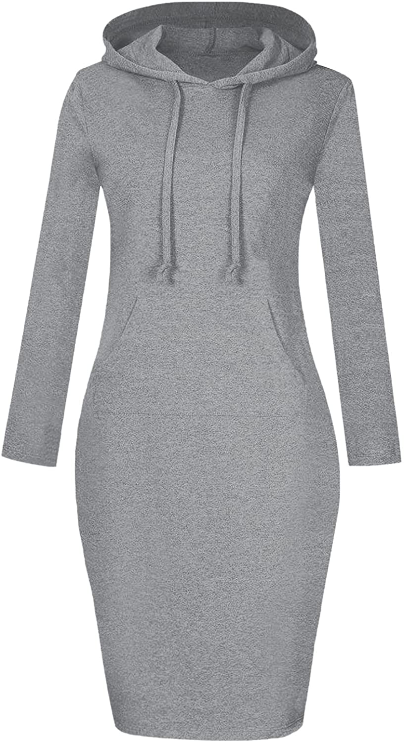 QUALFORT Women’s Hoodie Dress Casual Pocket Pullover Sweatshirt Hooded Dress
