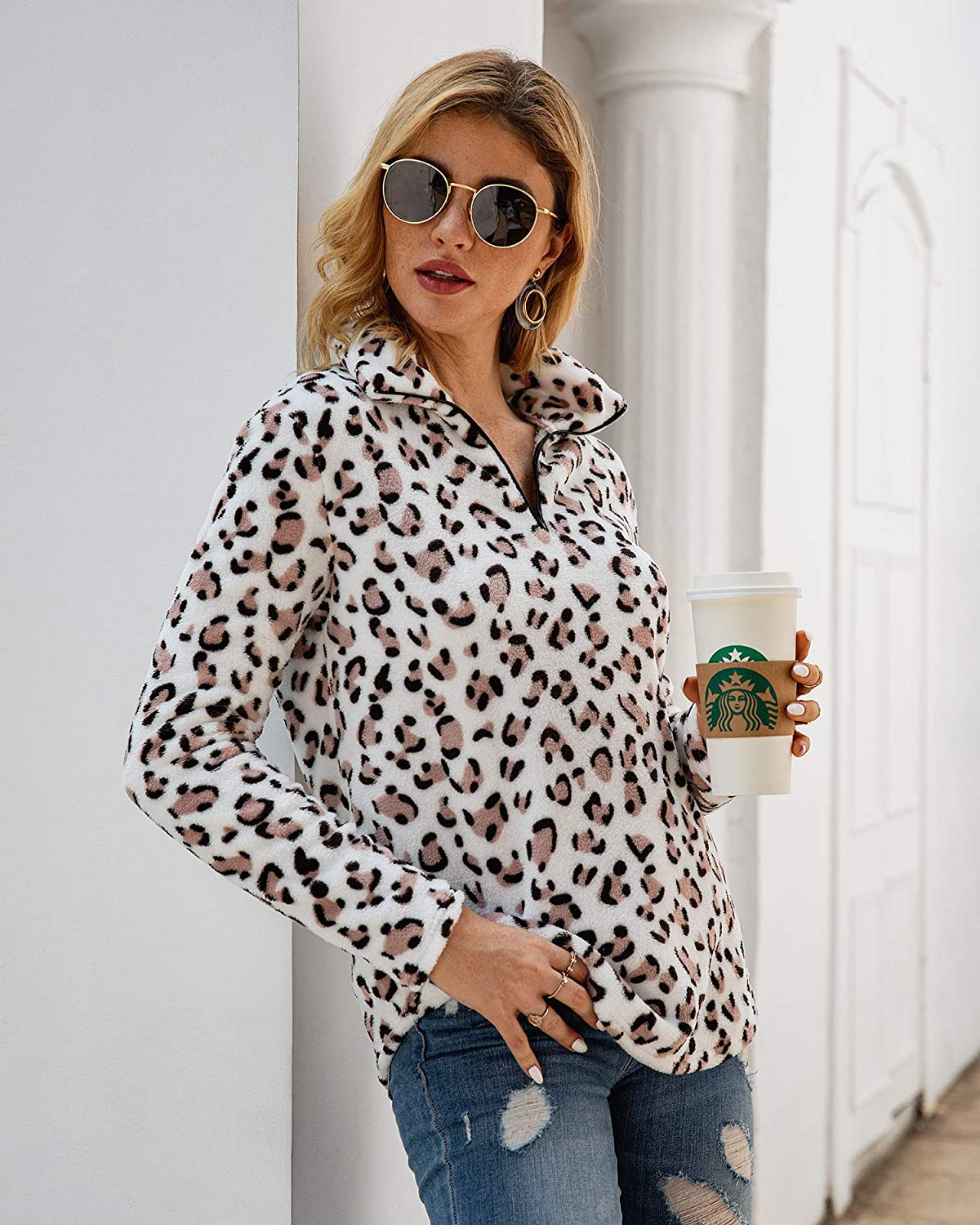 P&A Fashion Women's Long Sleeve Leopard Print Sweatshirt V Neck Quarter Zip Fleece Pullover Tops