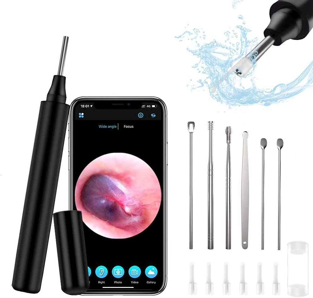 Wireless Otoscope Ear Endoscope, Ear Cleaner Ear Wax Removal Tool, 1296P HD Ear Camera with LED Lights  for IPhone & Android, Black