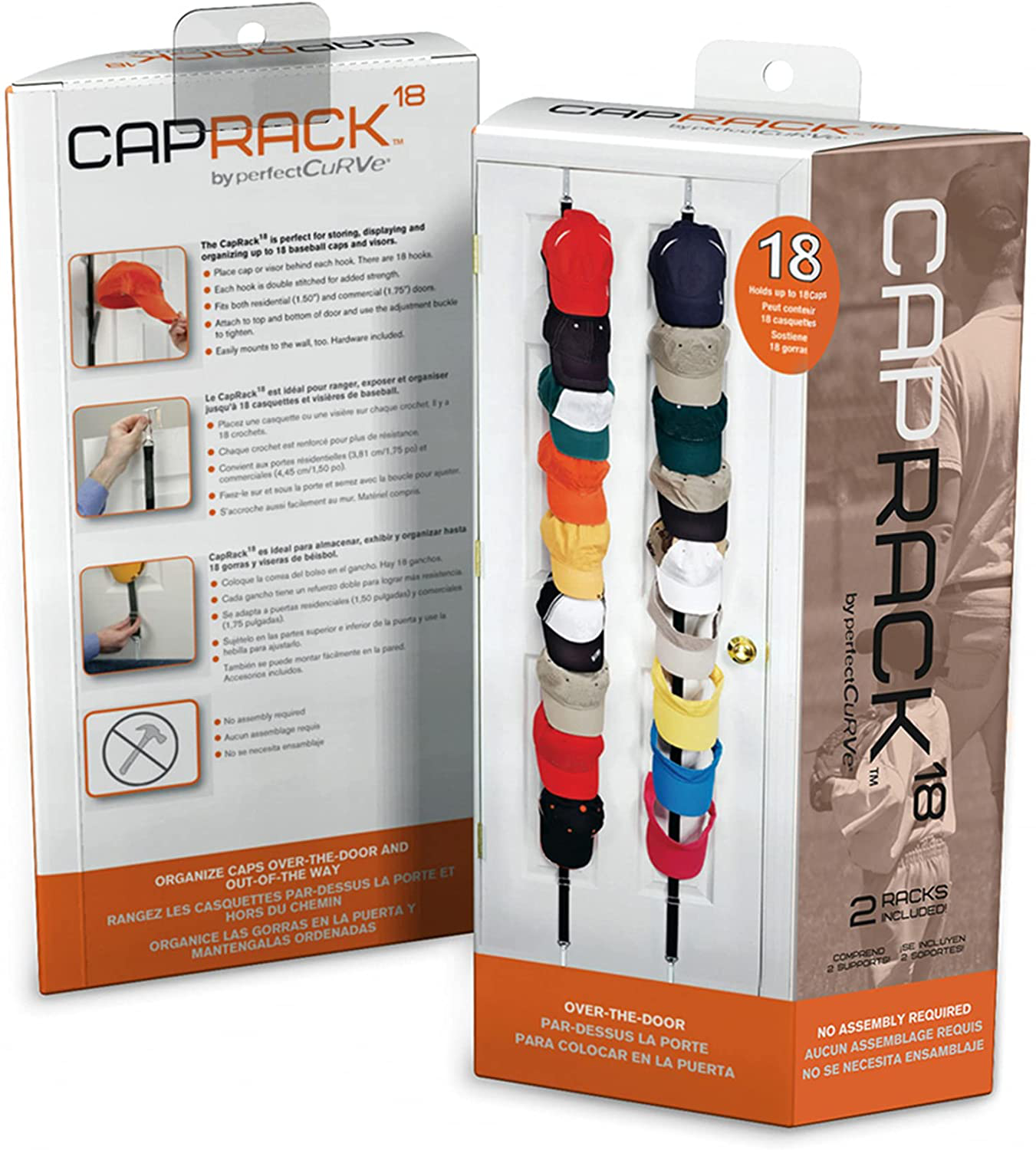 Perfect Curve CapRack18 Over-The-Door Cap Organizer, Two Straps, Holds Up To 18 Caps, Black