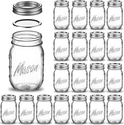 Regular-Mouth Glass Mason Jars, 16-Ounce (20-Pack) Glass Canning Jars with Silver Metal Airtight Lids and Bands with Measurement Marks, for Canning, Preserving, Meal Prep, Overnight Oats, Jam, Jelly,