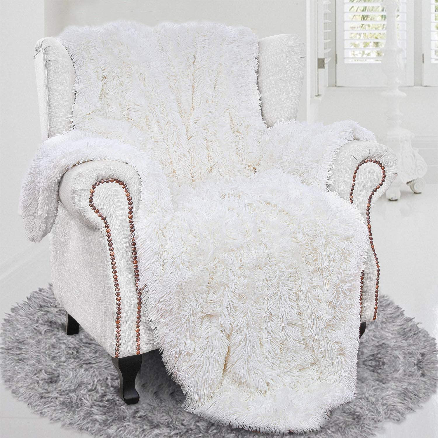 BENRON Plush Throw Blankets, Super Soft Shaggy Fuzzy Sherpa Blankets, Cozy Warm Lightweight Fluffy Faux Fur Blankets for Bed Couch Sofa Photo Props Home Decor, Washable 50''X60'' White