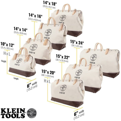 Klein Tools 5102-12 Heavy Duty Natural Canvas Tool Bag, Tool Tote, Multi-Purpose Bag with Wide Hinged Opening and Leather Handles, 12-Inch