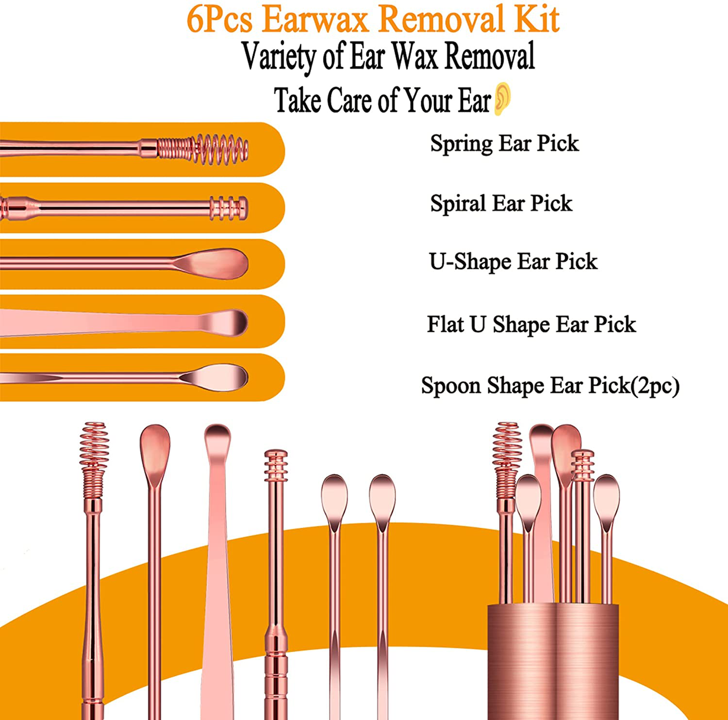 Ear Wax Removal Kit, Ear Pick Tools Earwax Removal 6-In-1 Ear Cleansing Tool Set Stainless Steel Ear Curette Ear Wax Remover Tool with Keychain Box(Rose Gold)