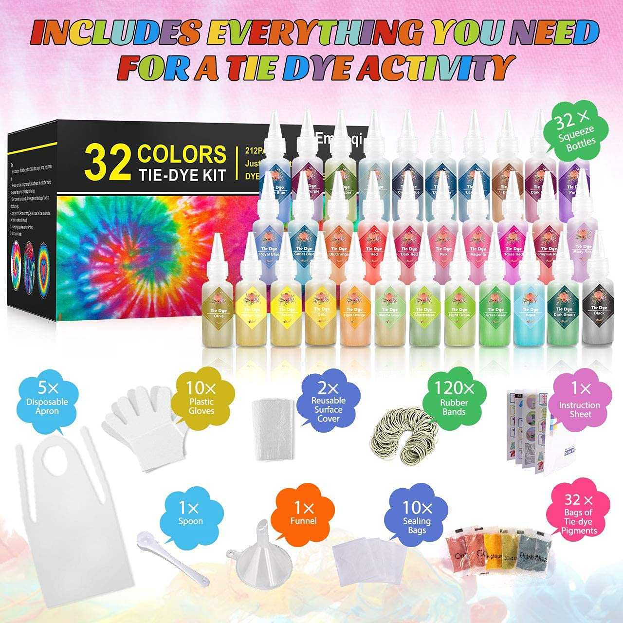DIY Tie Dye Kits, Emooqi 32 Colours All-in-1 Tie Dye Set Contain 32 Bag Pigments, Rubber Bands, Gloves, Sealed Bag, Apron and Table Covers