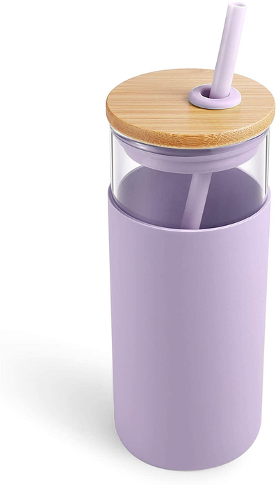 tronco 20oz Glass Tumbler Glass Water Bottle Straw Silicone Protective Sleeve Bamboo Lid - BPA Free (Light Purple)