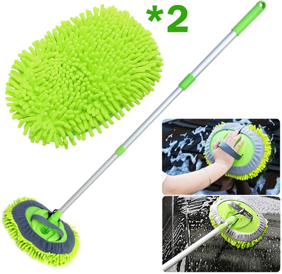 Yueiehe 2 in 1 Chenille Microfiber Car Wash Mop Mitt with 46" Aluminum Alloy Long Handle,Car Cleaning Kit Brush Duster,Scratch Free Cleaning Tool Dust Collector Supplies, 2Pcs Mop Head(Green)