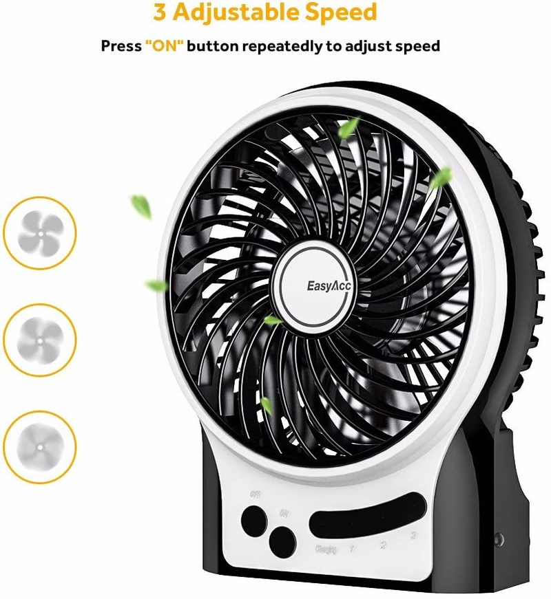 Small USB Desk Fan, Easyacc 3 Speed Portable Rechargeable Battery Fan with Blue LED Mood Light, Personal Quiet Table Fan 4.9 Inch Cooling Fan for Home, Office, Outdoor, Travel, Camping