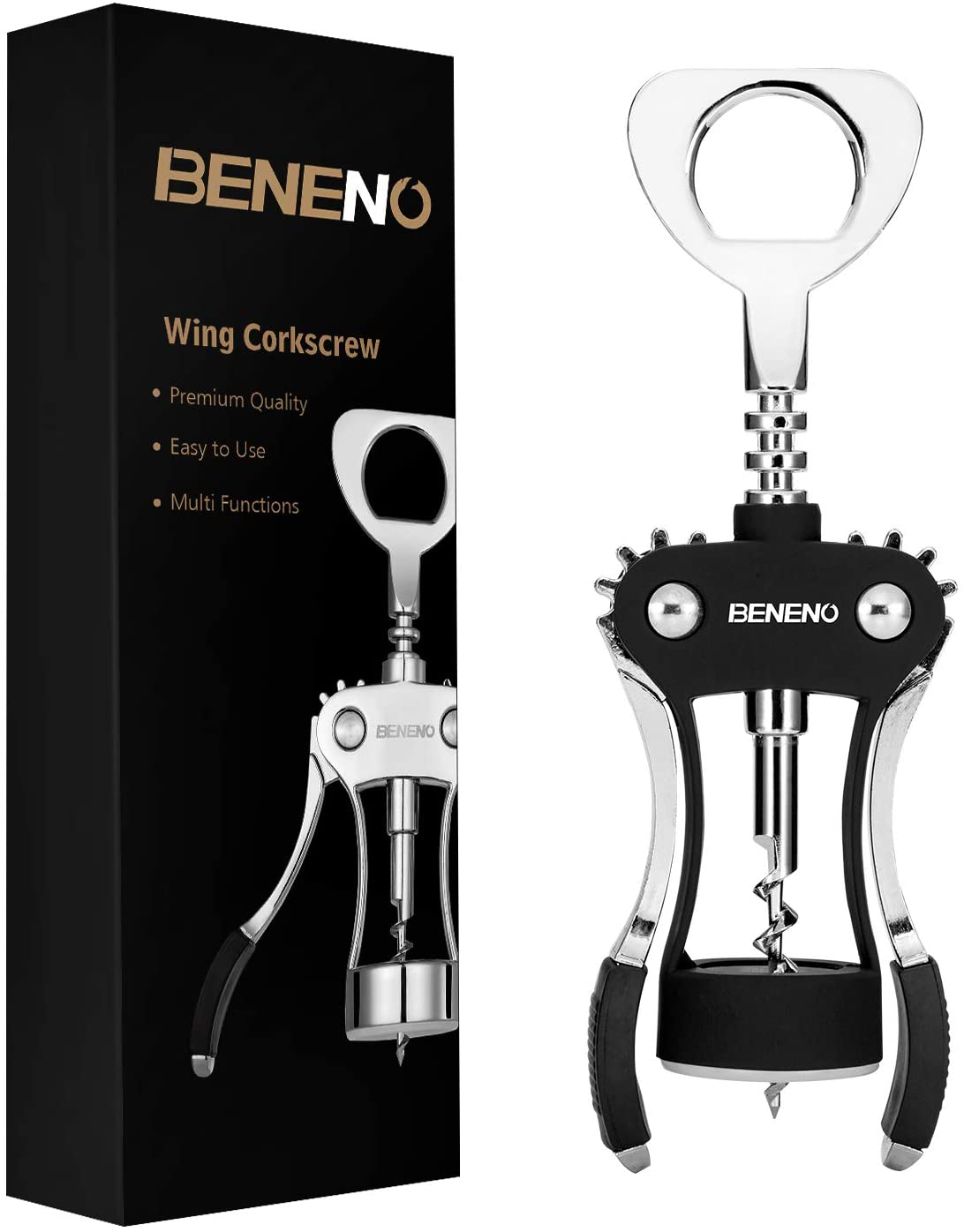 Wine Opener, Zinc Alloy Premium Wing Corkscrew Wine Bottle Opener with Multifunctional Bottles Opener, Upgrade - Black