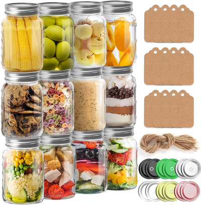 16 Oz Mason Jars, Budiwati 12 Packs Regular Mouth Glass Mason Jars with Airtight&Straw Lids Clear Canning Jar with Measurement Marks for Storing, Canning, Organizing -12 Pcs Labels and Hemp Rope