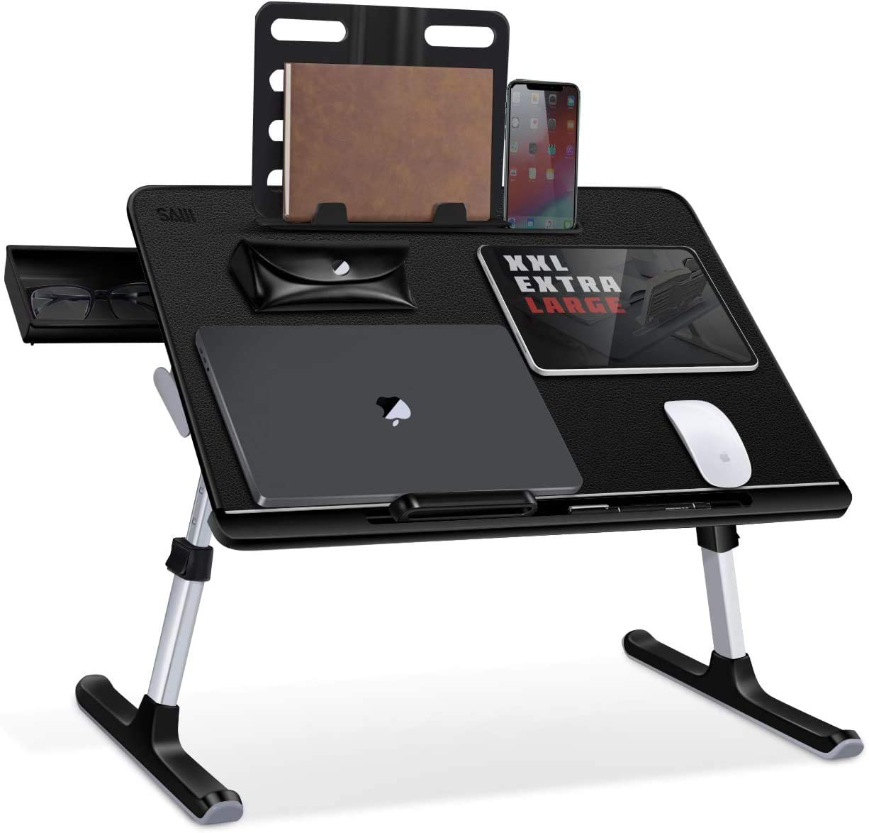 Laptop Bed Tray Desk Adjustable Laptop Stand for Bed, Foldable Laptop Table with Storage Drawer for Eating, Working, Writing, Gaming, Drawing