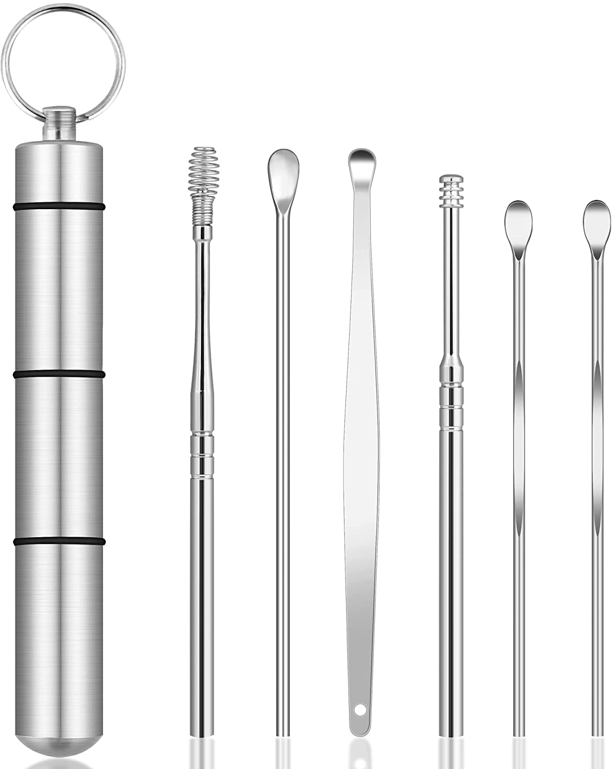 Ear Wax Removal Kit, Ear Pick Tools Earwax Removal 6-In-1 Ear Cleansing Tool Set Stainless Steel Ear Curette Ear Wax Remover Tool with Keychain Box(Rose Gold)