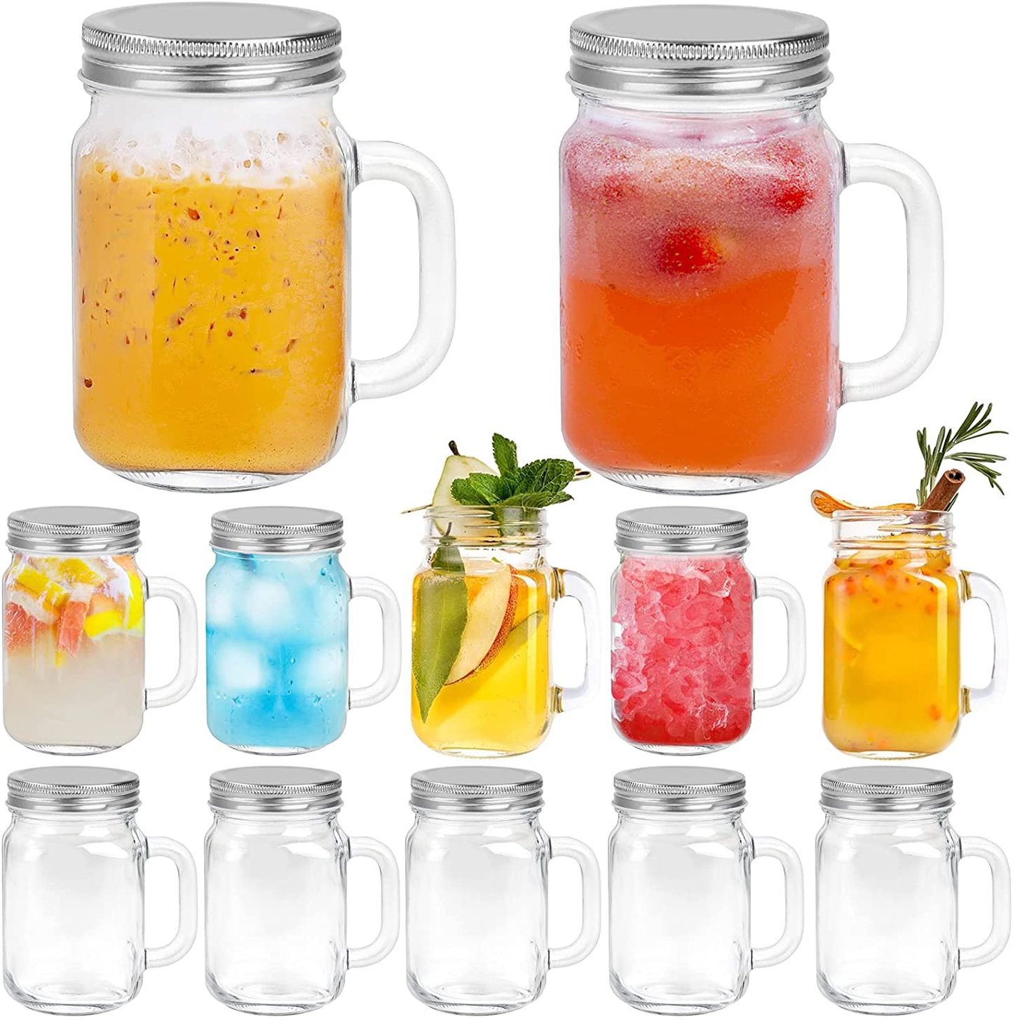 16 oz Glass Mason Jars With Handle, 500 ml Drinking Mugs with Regular Mouth Lids,Set of 9, Perfect Drinking Jars for Jam, Honey, Tea, Juice, Milk. Included 1 Pens and 20 Labels.