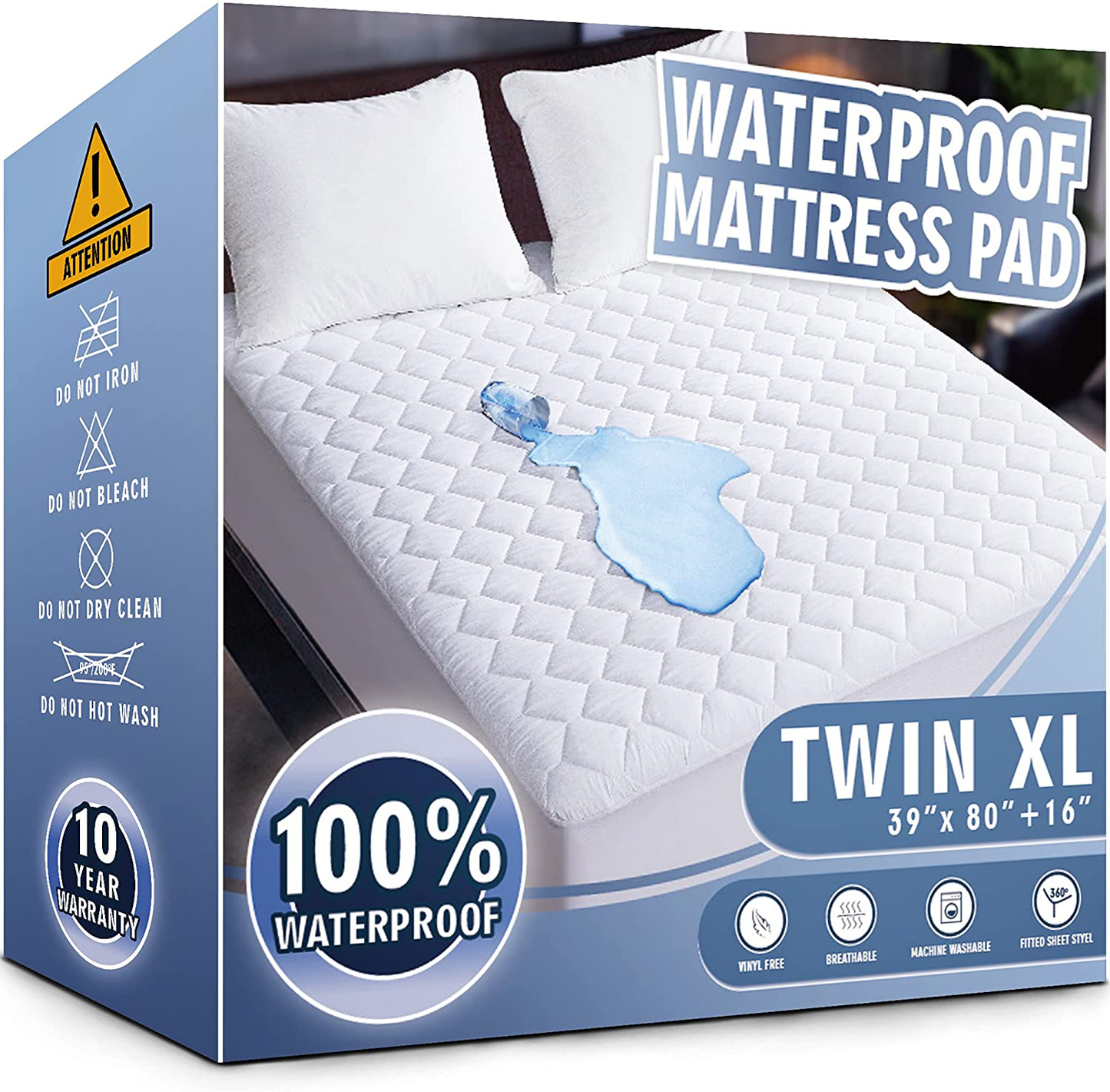 Waterproof Mattress Pad Twin XL Size for College Dorm, Soft and Breathable Quilted Mattress Protector, 6''-16'' Deep Pocket Fitted Mattress Cover, White