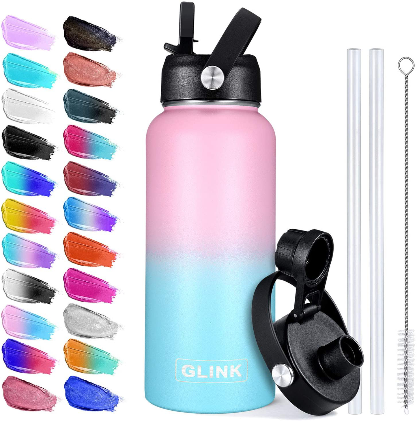 Glink Stainless Steel Water Bottle with Straw, 32-40 oz Wide Mouth Double Wall Vacuum Insulated Water Bottle Leakproof, Straw Lid and Spout Lid with New Rotating Rubber Handle