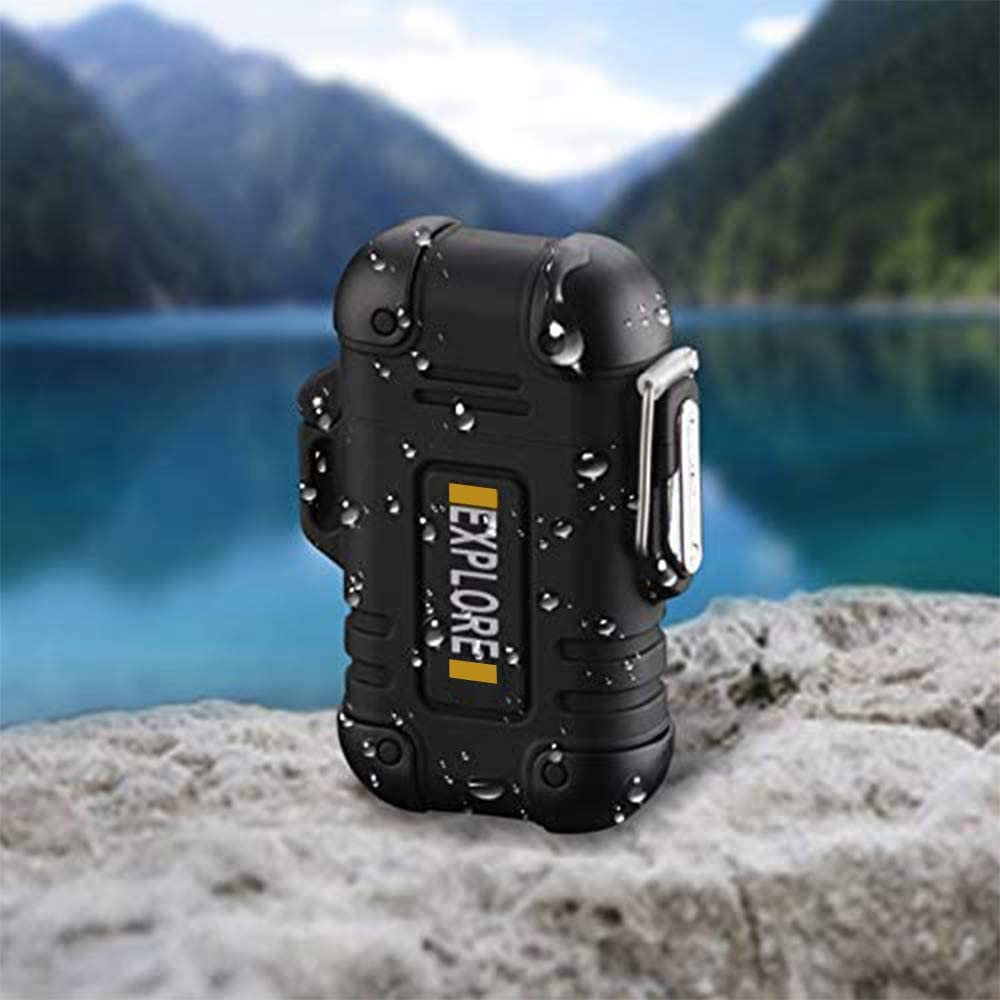 Arc Lighter Outdoor Waterproof Windproof Plasma Lighter Rechargeable USB Electronic Lighters with Emergency Whistle for Camping,Adventure,Edc Survival Tactical Gear (Black)