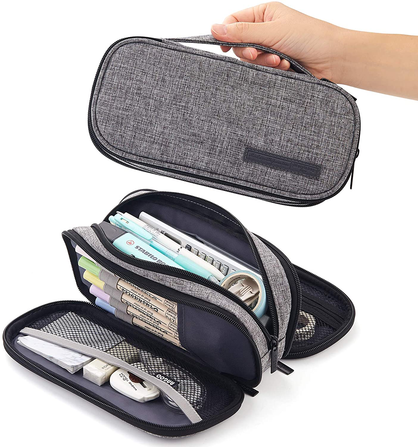Pencil Case Big Capacity Handheld 3 Compartments Pencil Pouch Portable Large Storage Canvas Pencil Bag for Boys Girls Adults Students Business Office