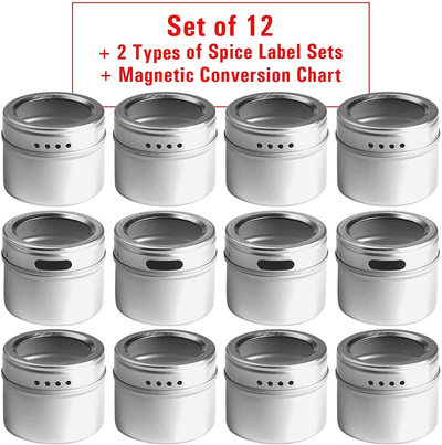 Set of 12 Magnetic Spice Tins with 12 Window-Top Sift and Pour Lids, 269 Preprinted Seasoning Label Stickers in 2 Styles for 3 Oz Herb Jars