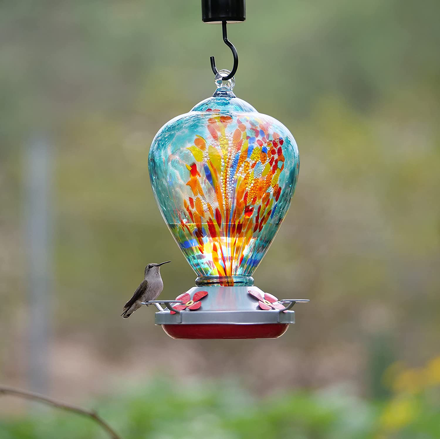 Muse Garden Hummingbird Feeder for Outdoors, Hand Blown Glass, 34 Ounces, Containing Ant Moat, Comet