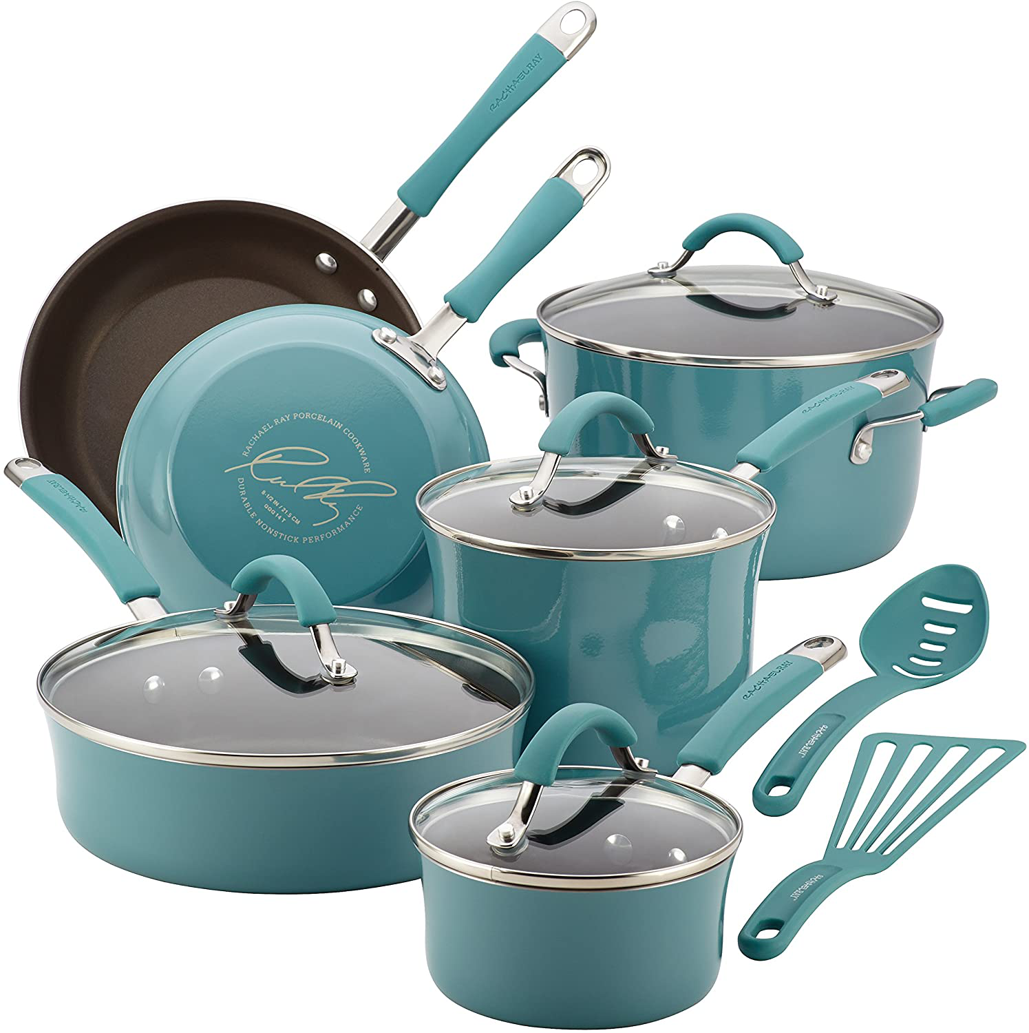 Rachael Ray Cucina Nonstick Cookware Pots and Pans Set, 12 Piece, Mushroom Brown