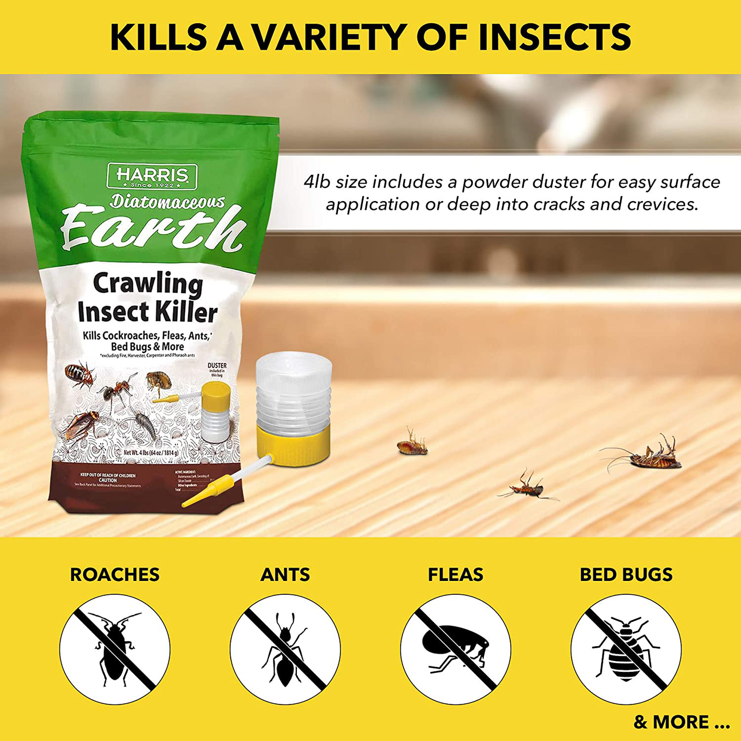 HARRIS Diatomaceous Earth Crawling Insect Killer, 4lb with Powder Duster Included Inside The Bag