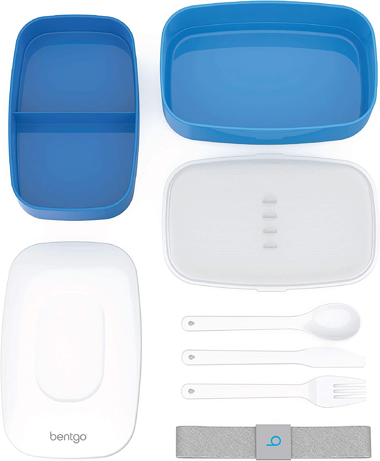 Bentgo Classic - All-in-One Stackable Bento Lunch Box Container - Modern Bento-Style Design Includes 2 Stackable Containers, Built-in Plastic Utensil Set, and Nylon Sealing Strap (Blue)