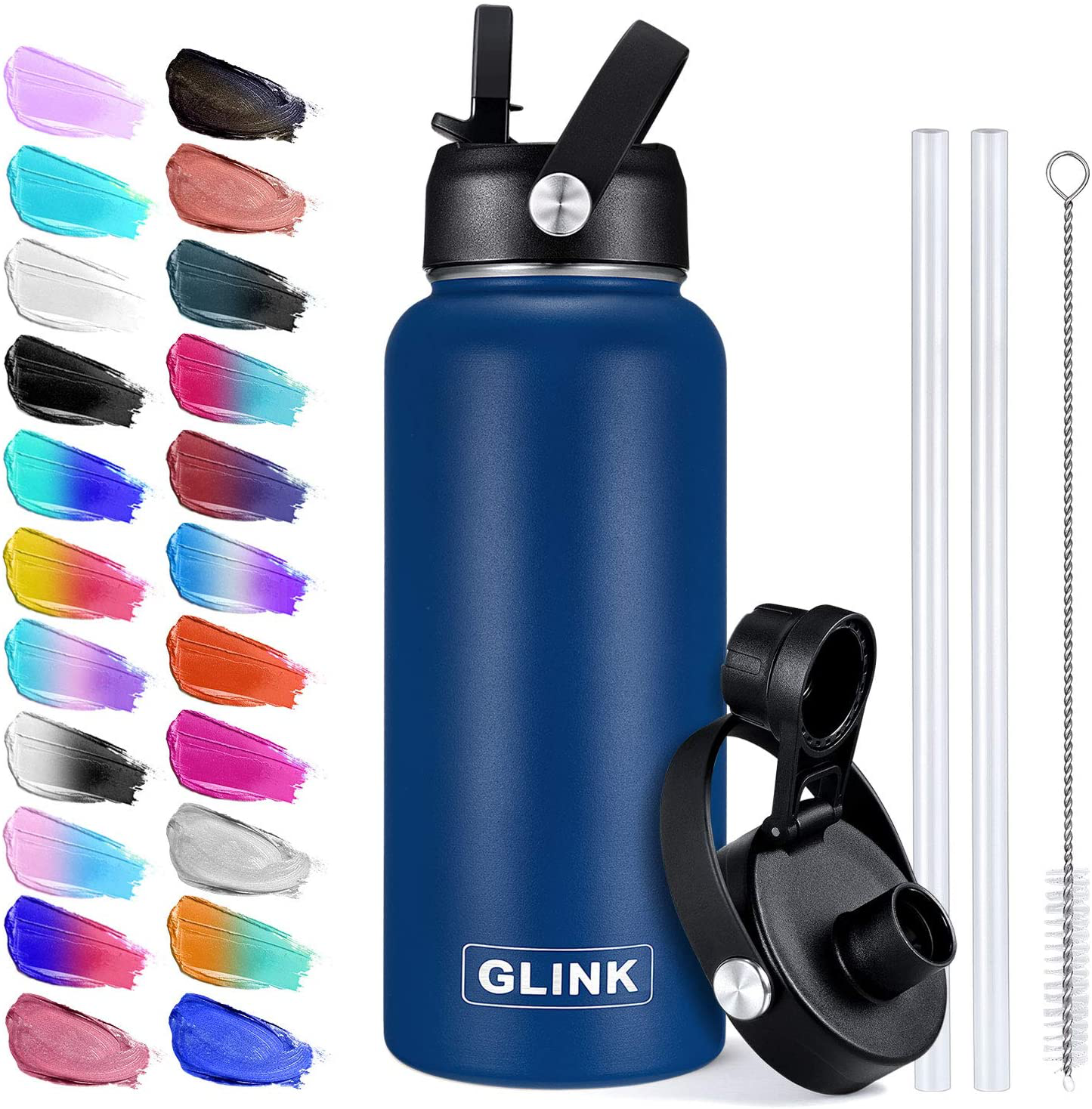 Glink Stainless Steel Water Bottle with Straw, 32-40 oz Wide Mouth Double Wall Vacuum Insulated Water Bottle Leakproof, Straw Lid and Spout Lid with New Rotating Rubber Handle