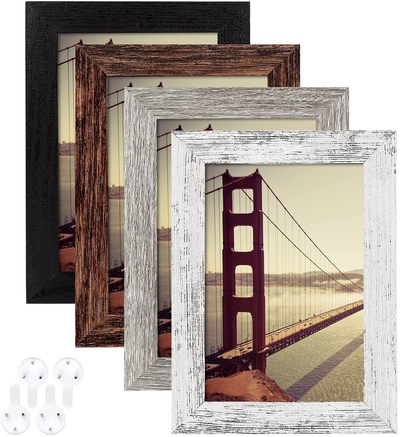 BAIJIALI 4x6 Picture Frame Black Wood Pattern Set of 4 with Tempered Glass,Display Pictures 3.5x5 with Mat or 4x6 Without Mat, Horizontal and Vertical Formats for Wall and Table Mounting