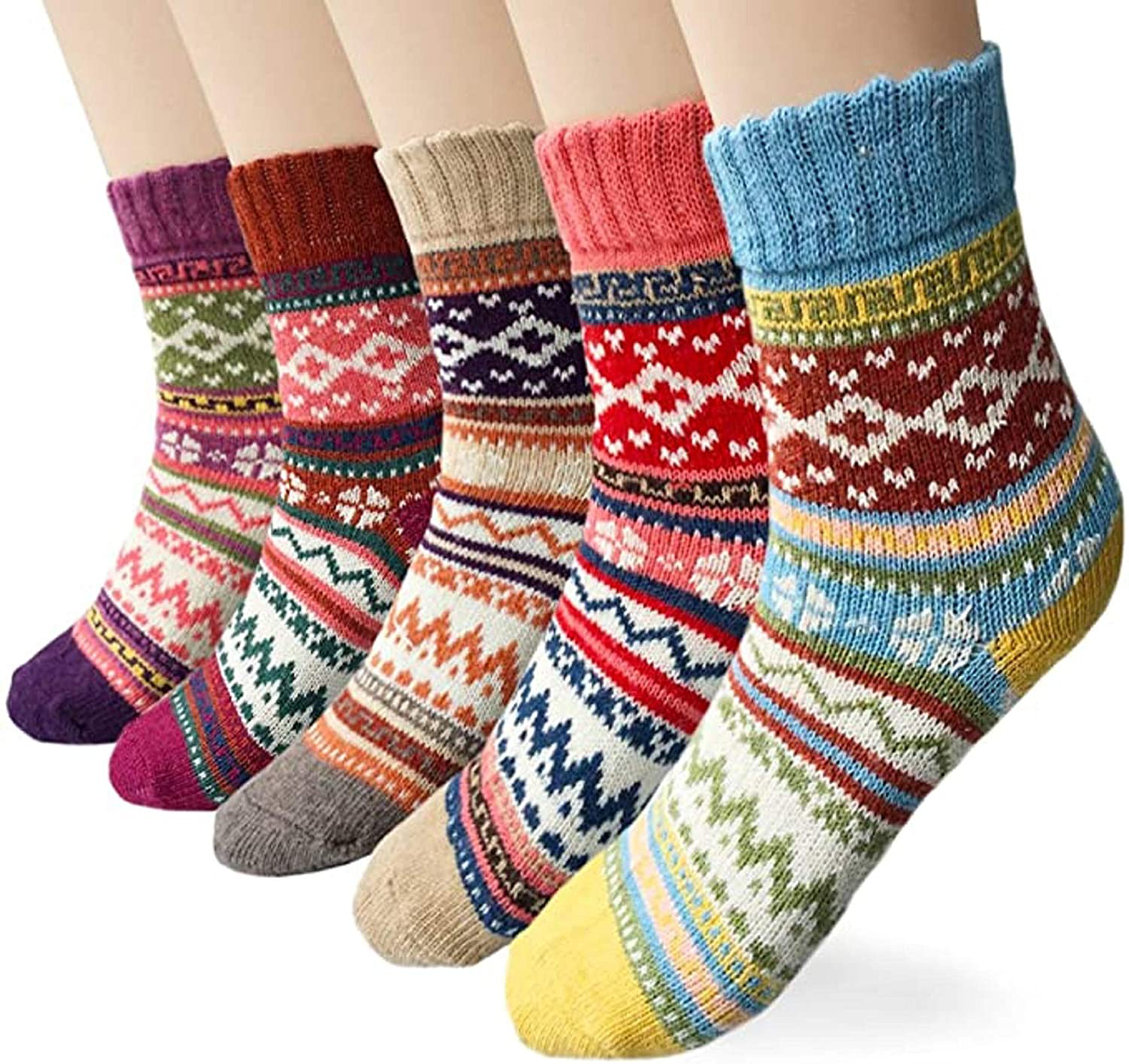 Womens Wool Socks, 5 Pairs Vintage Thick Knit Winter Warm Socks for Women Men Gifts