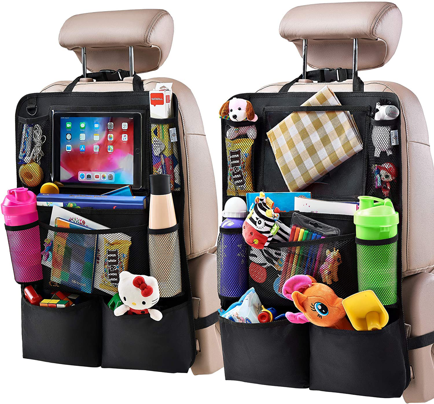 H Helteko Backseat Car Organizer, Kick Mats Back Seat Protector with Touch Screen Tablet Holder, Car Back Seat Organizer for Kids, Car Travel Accessories, Kick Mat with 9 Storage Pockets 2 Pack