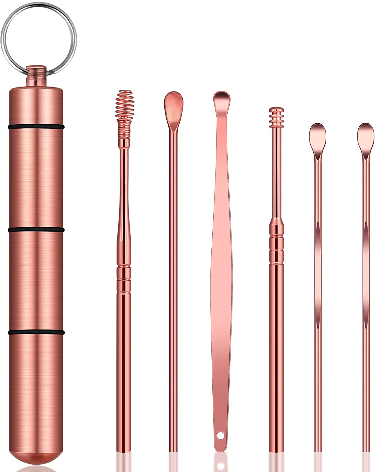 Ear Wax Removal Kit, Ear Pick Tools Earwax Removal 6-In-1 Ear Cleansing Tool Set Stainless Steel Ear Curette Ear Wax Remover Tool with Keychain Box(Rose Gold)