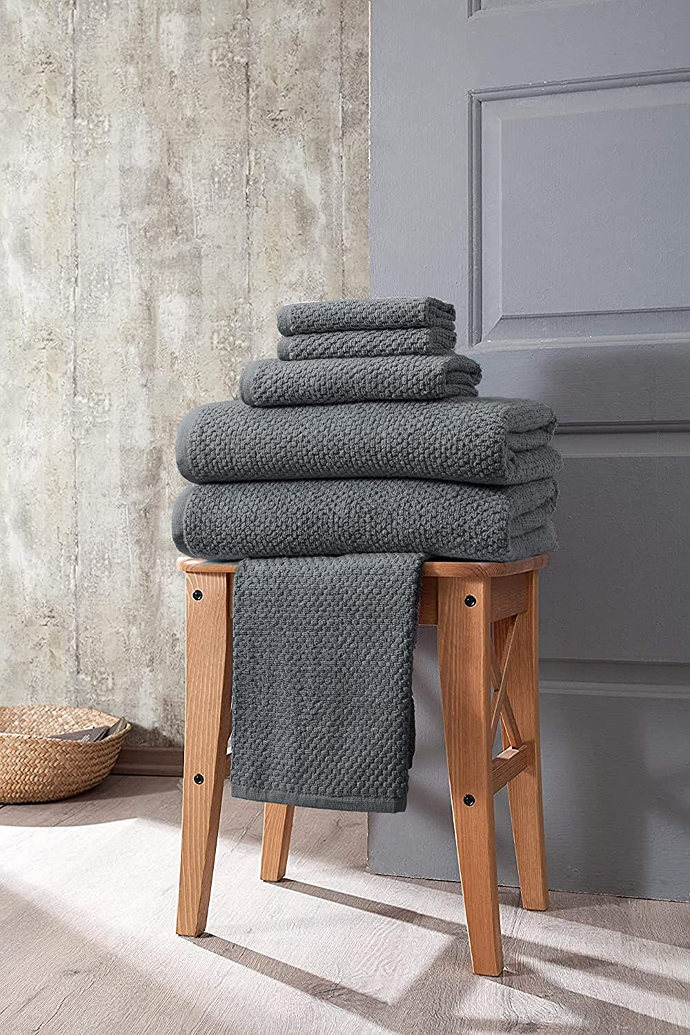 Bath Towels Set of 6 - 450 GSM & 100% Cotton Towels for Bathroom, 2 Large Bathroom Towels, 2 Hand Towels 2 Wash Cloths - Premium Quality Super Plush Towels Set by NZEE HOMES - Light Grey