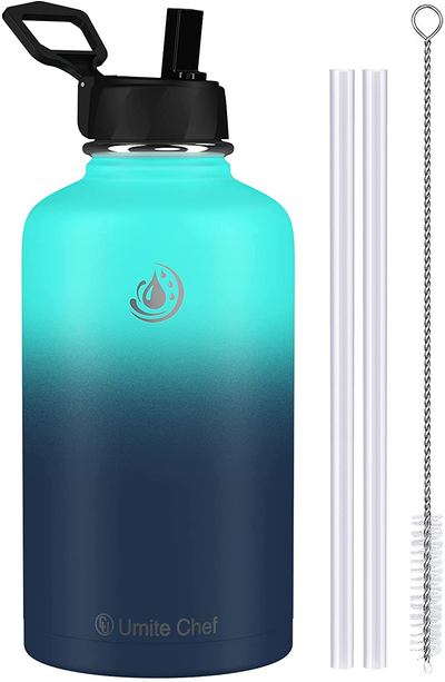 Umite Chef Water Bottle, Vacuum Insulated Wide Mouth Stainless-Steel Sports 64OZ Water Bottle with New Wide Handle Straw Lid,Hot Cold, Double Walled Thermo Mug Ocean