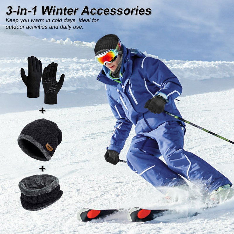 3 Piece Set - Winter Beanie Hat Scarf & Set with Gloves Touch Screen