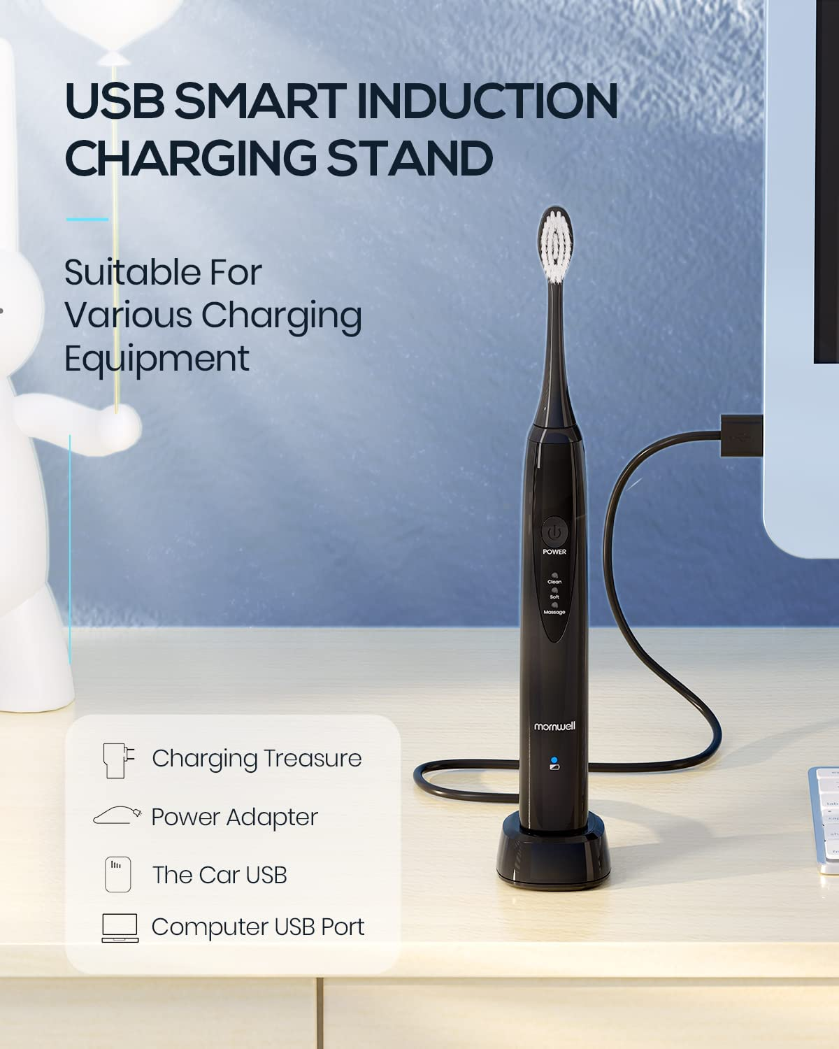 Sonic Electric Toothbrush, Mornwell Whitening Electric Toothbrush 3 Modes with Smart Timers USB Inductive Charging for Adults and Kids, Clean Teeth, Massage Gum, Whitening Teeth