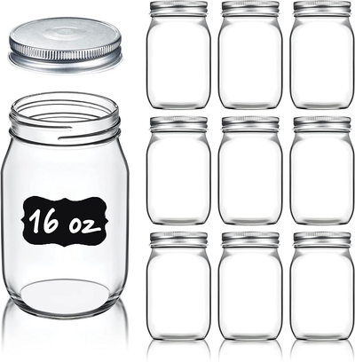 Regular-Mouth Glass Mason Jars, 16-Ounce (10-Pack) Canning Jars with Silver Metal Airtight Lids for Meal Prep, Food Storage, Canning, Jelly, Dry Food, Spices, Salads, Yogurt with Chalkboard Labels Set