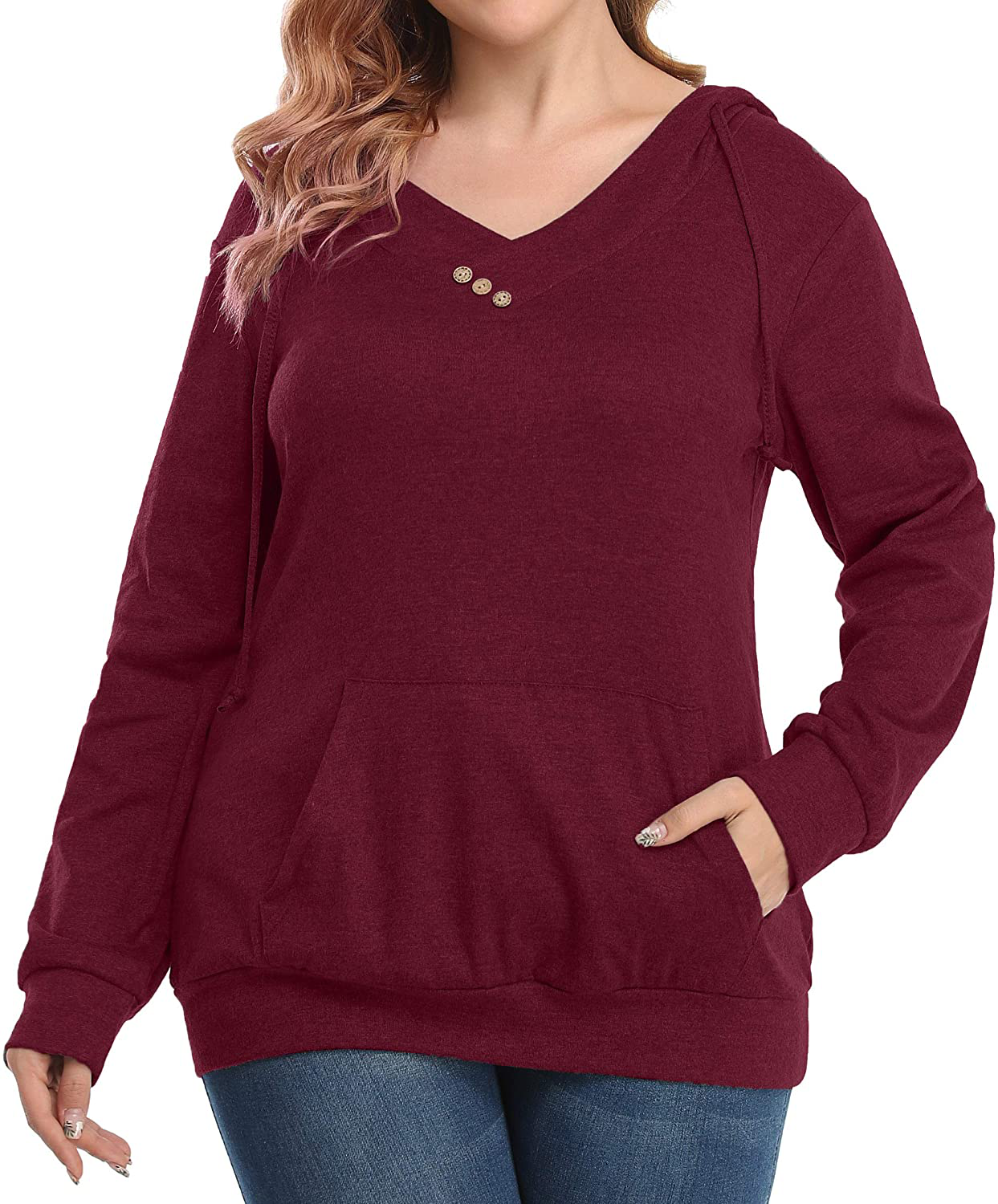 Fulbelle Women V Neck Puls Size Long Sleeve Kangaroo Pocket Thin Hoodie XL-4XL