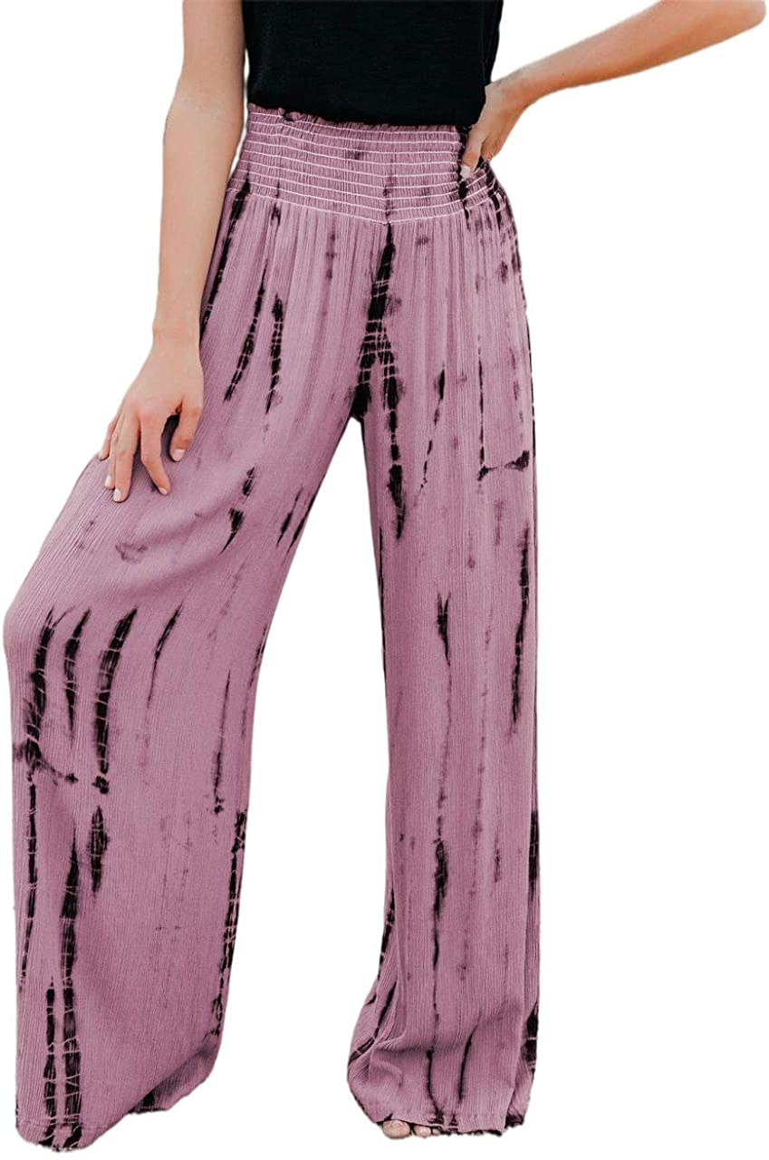 BZB Women Smocked High Waist Tie Dye Boho Pants Casual Print Wide Leg Pants