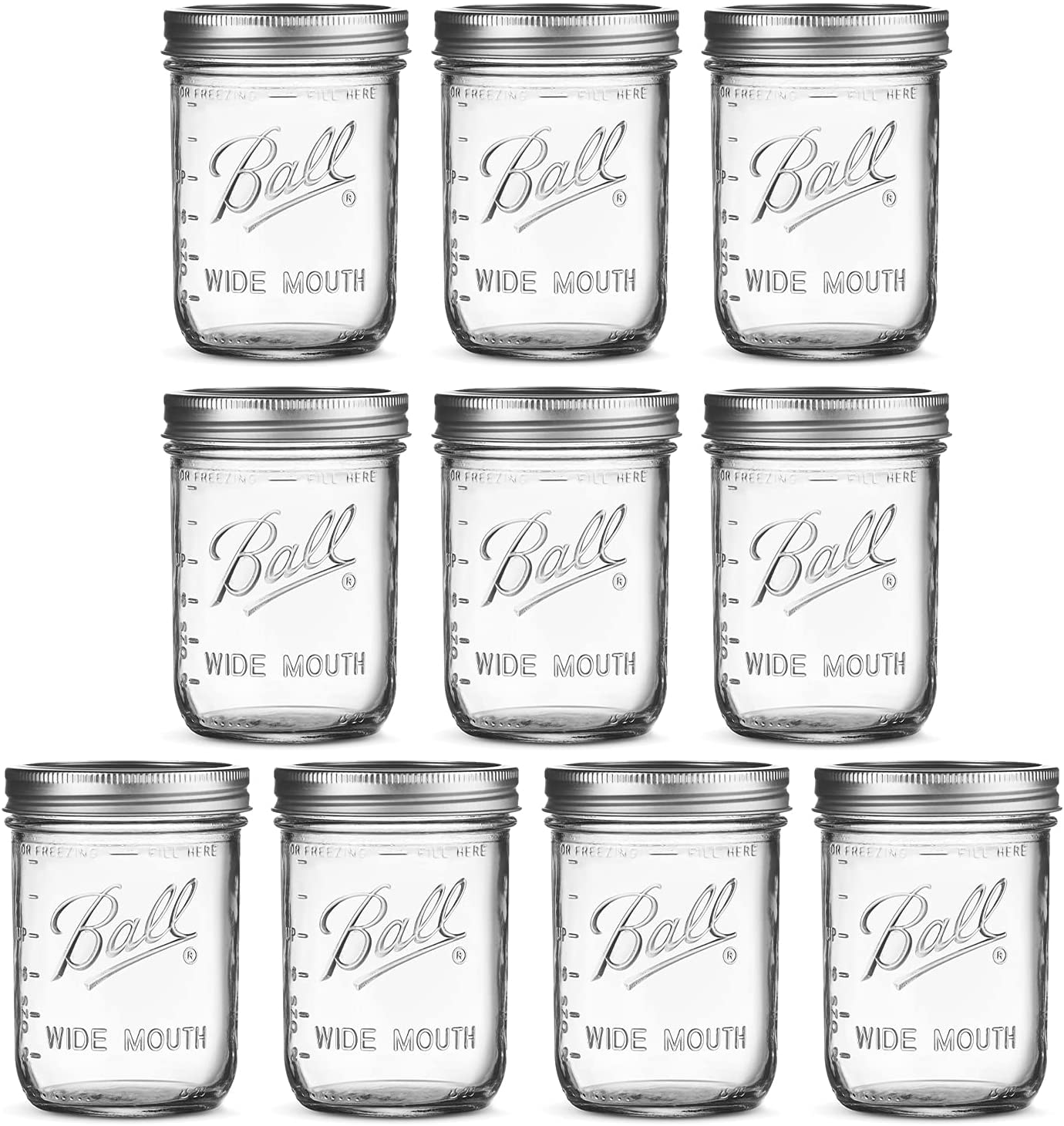 Ball Wide Mouth Mason Jars 16 oz [10 Pack] With mason jar lids and Bands, Ball mason jars 16 oz - For Canning, Fermenting, Pickling - Jar Decor - Microwave/Freeze/Dishwasher Safe + SEWANTA Jar Opener