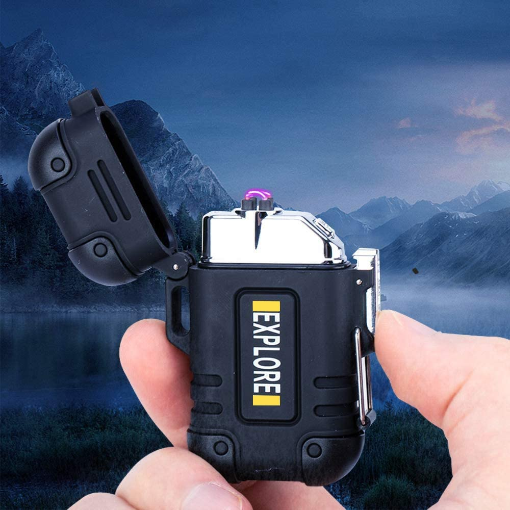 Arc Lighter Outdoor Waterproof Windproof Plasma Lighter Rechargeable USB Electronic Lighters with Emergency Whistle for Camping,Adventure,Edc Survival Tactical Gear (Black)