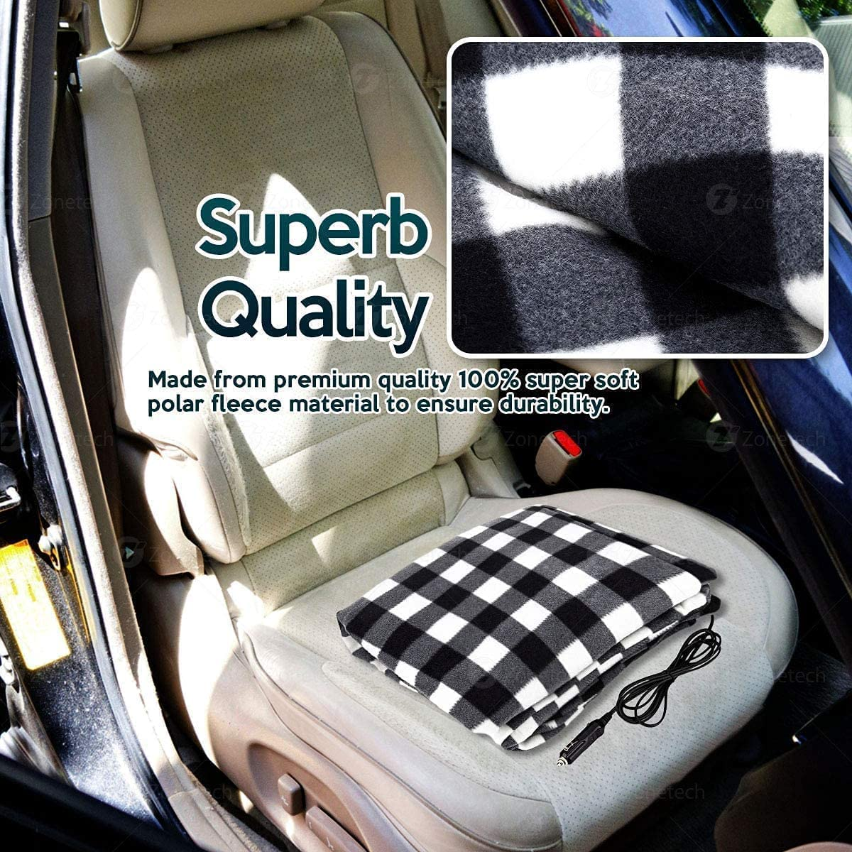 Car Heated Blanket, 12V Heating Electric Blanket Throw 3 Heating Levels Fleece Heating Blanket for Travel Camping Picnic Heater (Black&White)