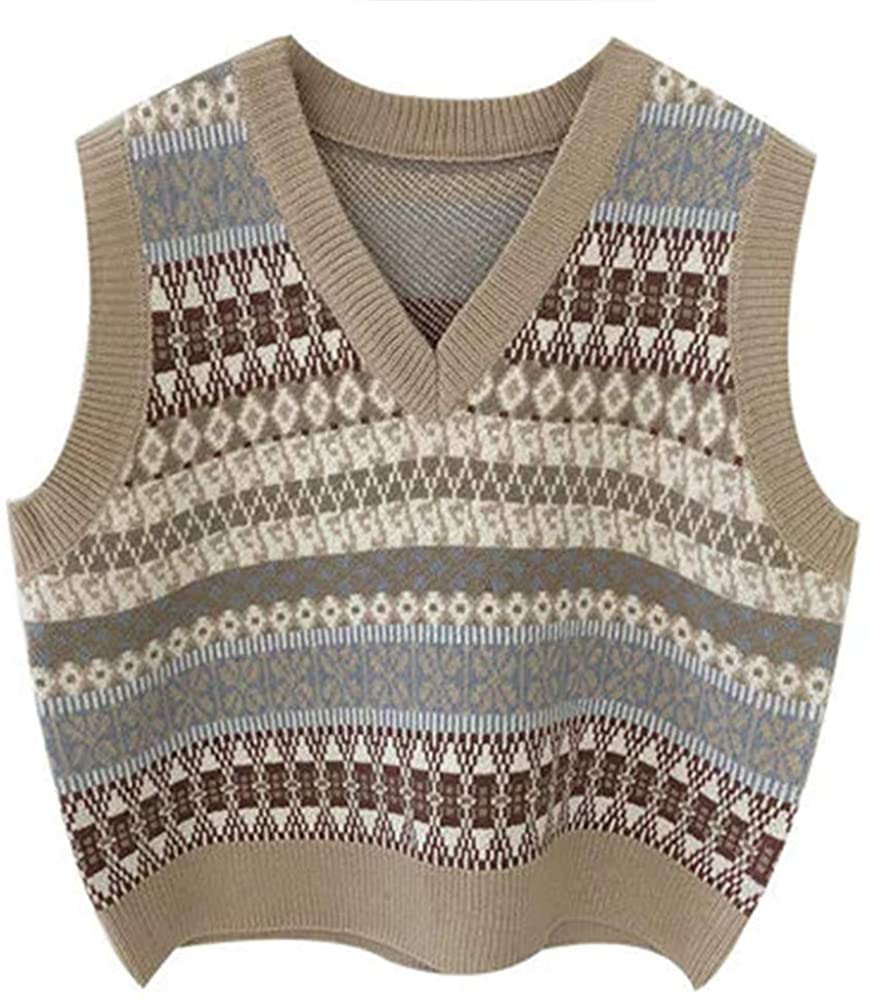 Jlihang Oversized Houndstooth Knitted Vest Sweater Vintage V Neck Loose Sleeveless Sweater