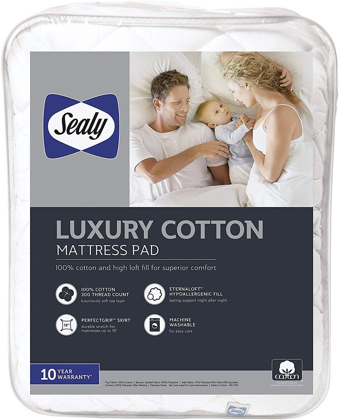 Sealy Luxury 100% Cotton Fitted Mattress Pad, King, White