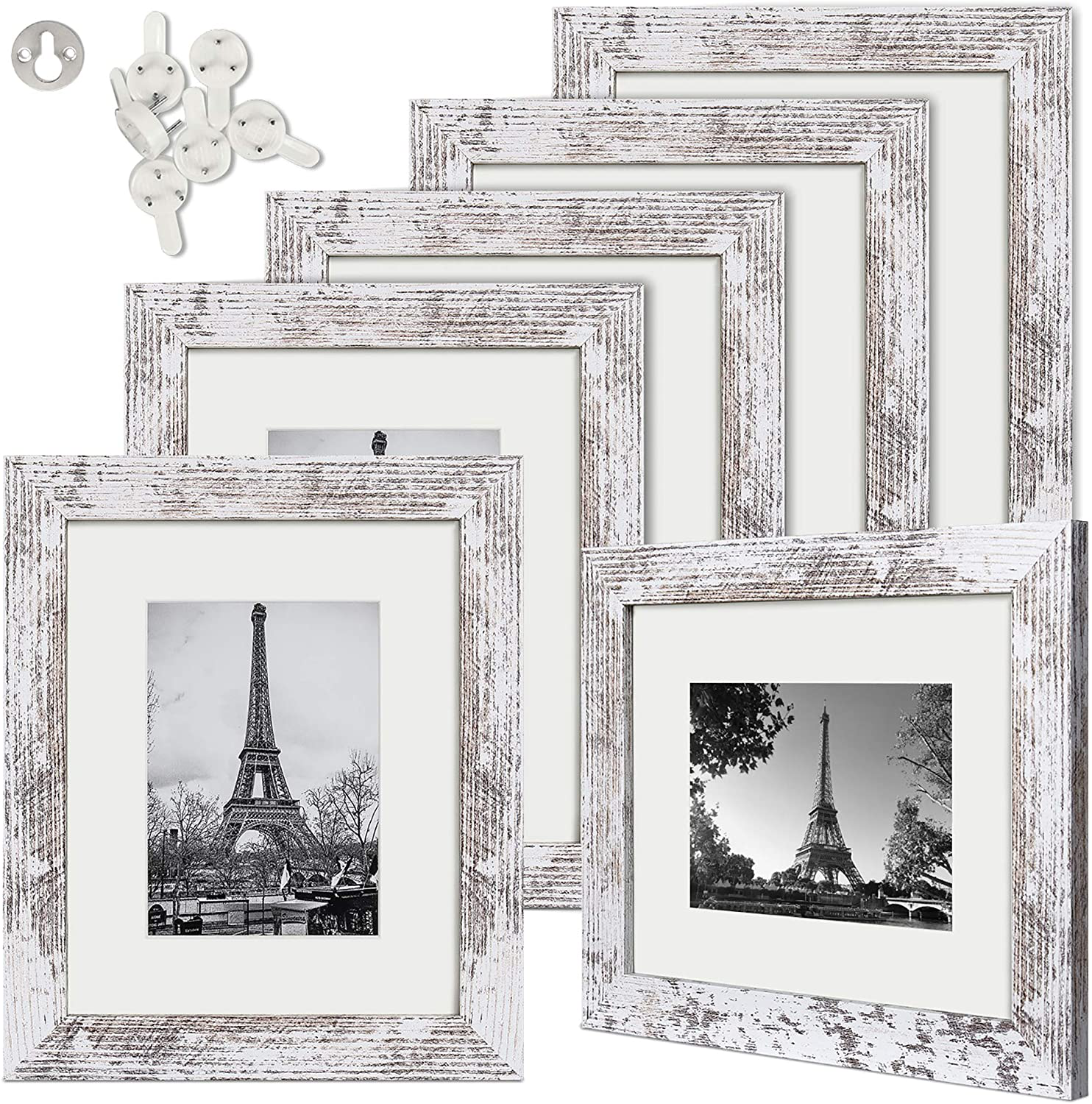 upsimples 8x10 Picture Frame Distressed White with Real Glass,Display Pictures 5x7 with Mat or 8x10 Without Mat,Multi Photo Frames Collage for Wall or Tabletop Display,Set of 6